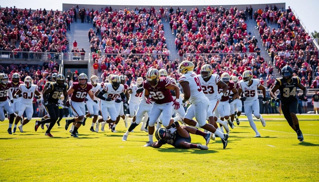 A high-intensity football game between Florida State University and Wake Forest University during the 2023 season. The action is captured on a crisp, sunlit field, with the opposing teams' helmets and uniforms in sharp focus. In the foreground, players from both sides collide in a fierce struggle for possession, their faces etched with determination. The middle ground is a blur of movement, as the rest of the players race across the turf. In the background, the stadium stands rise up, filled with a raucous crowd cheering on their respective teams. The lighting is natural and dynamic, casting deep shadows and highlights that accentuate the players' powerful movements. The overall tone is one of intense competition and high-stakes drama, perfectly capturing the essence of this crucial ACC matchup. A high-intensity football game between Florida State University and Wake Forest University during the 2023 season. The action is captured on a crisp, sunlit field, with the opposing teams' helmets and uniforms in sharp focus. In the foreground, players from both sides collide in a fierce struggle for possession, their faces etched with determination. The middle ground is a blur of movement, as the rest of the players race across the turf. In the background, the stadium stands rise up, filled with a raucous crowd cheering on their respective teams. The lighting is natural and dynamic, casting deep shadows and highlights that accentuate the players' powerful movements. The overall tone is one of intense competition and high-stakes drama, perfectly capturing the essence of this crucial ACC matchup.