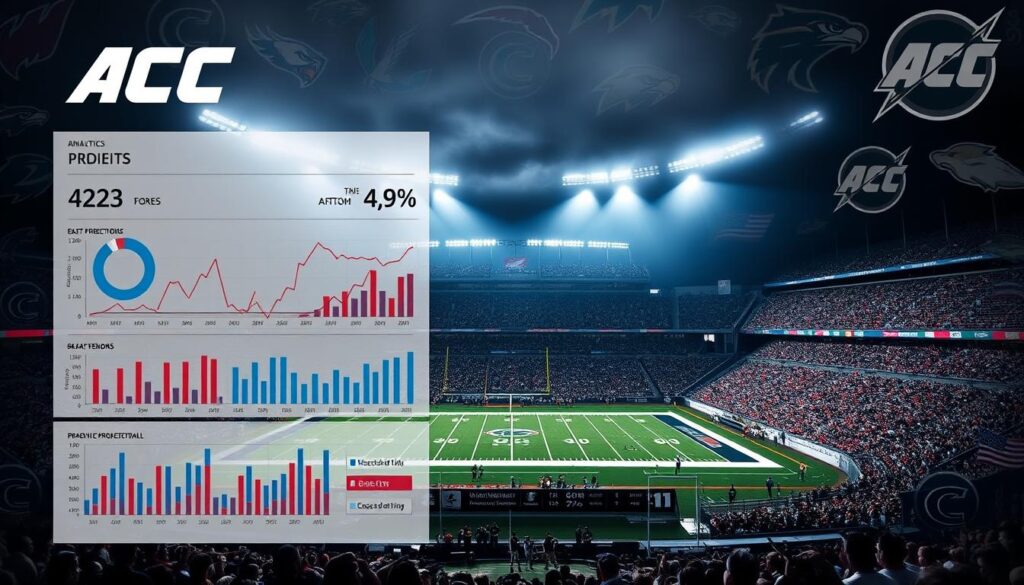 A high-quality sports analytics report displaying detailed statistical projections and predictive analysis for an upcoming Atlantic Coast Conference (ACC) football matchup. The foreground features a large, dynamic data visualization dashboard with charts, graphs, and performance metrics for the opposing teams. The middle ground showcases a wide-angle view of a college football stadium under dramatic, moody lighting, hinting at the intensity of the upcoming clash. The background is filled with a collage of team logos, player headshots, and other ACC branding elements, creating an immersive, data-driven atmosphere befitting a big-time conference showdown. A high-quality sports analytics report displaying detailed statistical projections and predictive analysis for an upcoming Atlantic Coast Conference (ACC) football matchup. The foreground features a large, dynamic data visualization dashboard with charts, graphs, and performance metrics for the opposing teams. The middle ground showcases a wide-angle view of a college football stadium under dramatic, moody lighting, hinting at the intensity of the upcoming clash. The background is filled with a collage of team logos, player headshots, and other ACC branding elements, creating an immersive, data-driven atmosphere befitting a big-time conference showdown.