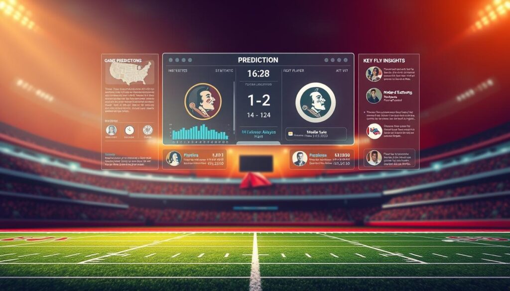 A vibrant and dynamic illustration showcasing a detailed analysis of the upcoming Florida State University football matchup. In the foreground, a football field stretches out, its meticulously detailed turf and sidelines setting the stage. Hovering above, a holographic display projects statistical data, game predictions, and key player insights, all rendered in a sleek, high-tech style. The background is a subtly blurred cityscape, hinting at the broader context of the game and the anticipation of the local fanbase. Warm, directional lighting bathes the scene, creating a sense of energy and anticipation. The overall composition conveys a sense of analytical depth and strategic foresight, perfectly capturing the essence of the "Prediction" section.