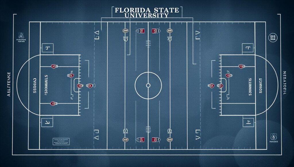 Detailed schematic diagram of a football team's offensive and defensive strategy against Florida State University. Meticulously rendered in a technical blueprint style, with clean lines, precise schematics, and color-coded formations. Shown from a high, overhead angle to provide a comprehensive view of the play design. Illuminated by cool, neutral lighting to convey an analytical, tactical atmosphere. Subtle textures and weathering effects add a sense of authenticity. The diagram exudes a sense of analytical rigor, hinting at the complex decision-making process behind an opponent's game plan.