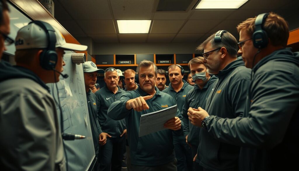 A bustling locker room, dimly lit with warm tones, as a group of football coaches huddle around a whiteboard, engaged in intense discussion. The head coach, clipboard in hand, points emphatically, his expression focused, while his assistants lean in, scrutinizing game footage and strategy. The atmosphere is one of urgency and determination, as they work to devise halftime adjustments that will turn the tide of the game. The camera angle captures the scene from a low perspective, emphasizing the sense of action and importance of the moment. A bustling locker room, dimly lit with warm tones, as a group of football coaches huddle around a whiteboard, engaged in intense discussion. The head coach, clipboard in hand, points emphatically, his expression focused, while his assistants lean in, scrutinizing game footage and strategy. The atmosphere is one of urgency and determination, as they work to devise halftime adjustments that will turn the tide of the game. The camera angle captures the scene from a low perspective, emphasizing the sense of action and importance of the moment.
