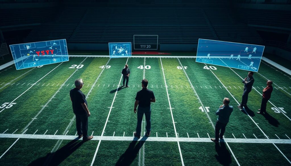 A detailed football field with grid lines, hash marks, and yard markers. On the field, strategists scrutinize holographic game plan scenarios, each representing a different play or in-game situation. Coaches and players intently analyze these vivid, interactive projections, studying the positioning and movements of the teams. The lighting is dramatic, with strong shadows and highlights, creating a tense, serious atmosphere. The camera angle is slightly elevated, providing a comprehensive view of the field and the strategic planning unfolding.