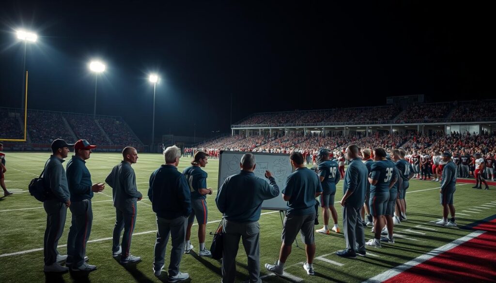 A stadium field at night, floodlights casting long shadows as the home team emerges from the tunnel, their faces determined. In the foreground, a group of coaches huddled around a whiteboard, drawing up a complex play. The middle ground shows players in uniform, listening intently, while the background teems with a roaring crowd. The scene radiates an air of anticipation and strategic surprise, hinting at the unexpected tactics about to unfold on the gridiron.