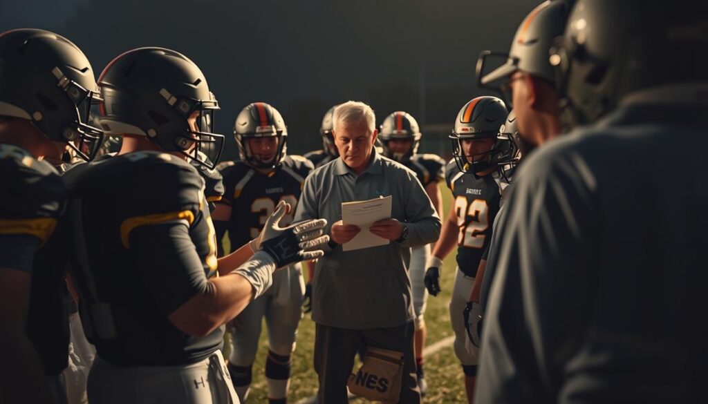 A tactical football huddle on a dimly lit field, with players and coaches intently discussing game plan adjustments. Soft, warm lighting casts shadows and highlights the intensity of their expressions. The foreground features a close-up of the quarterback gesturing emphatically, surrounded by the team's offensive line. In the middle ground, the head coach points to a clipboard, explaining nuanced changes to their strategy. The background blurs out, focusing the viewer's attention on the pivotal halftime discussion as the team prepares to surge ahead in the second half.