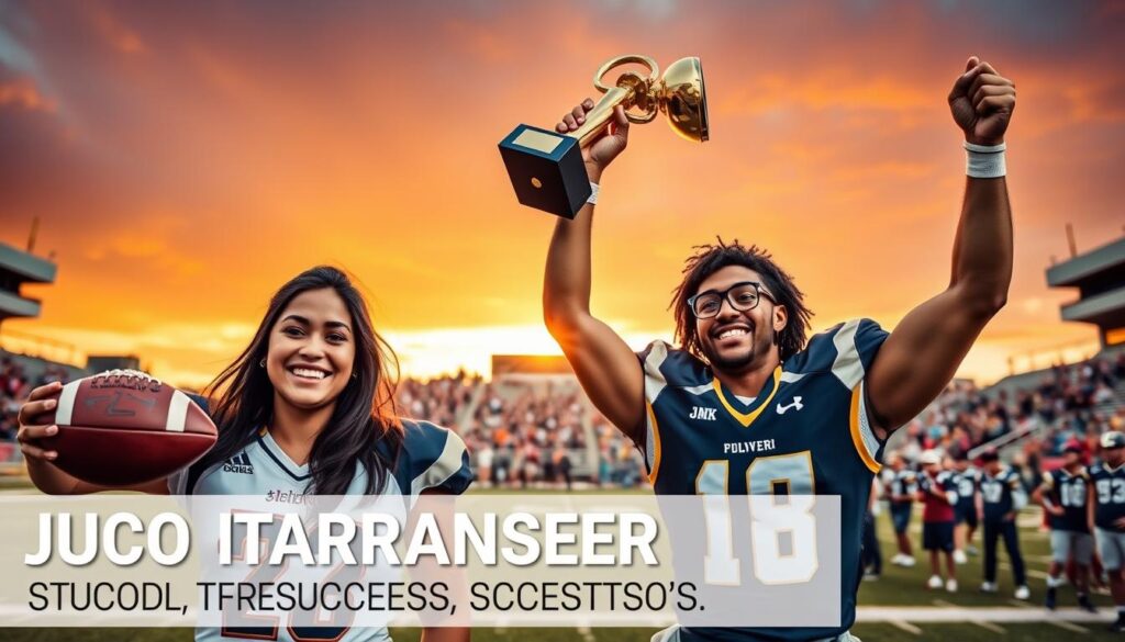 A collage of inspirational JUCO transfer success stories, featuring three diverse student-athletes in professional athletic gear, celebrating on a college football field. In the foreground, a female athlete with dark hair and a bright smile holds a football, while a male athlete with glasses raises a trophy in triumph. In the middle ground, a group of supporters cheer in the stands, proudly wearing team jerseys. The background showcases a vibrant sunset sky, illuminating the stadium with warm golden hues. The scene captures a feeling of achievement and camaraderie, with soft focus on the sun setting behind the athletes. Use a wide-angle lens for an expansive view, ensuring the atmosphere is triumphant and uplifting, evoking the spirit of unity and success in sports.