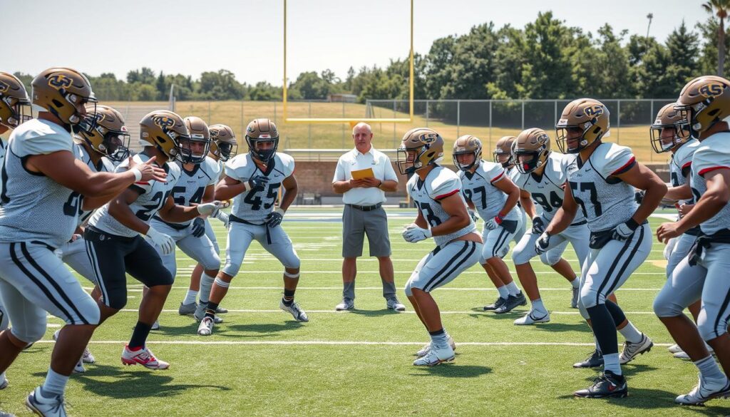 A dynamic football practice scene showcasing intense position competition among new recruits and transfers. In the foreground, a diverse group of athletes, dressed in matching professional athletic gear, are engaged in a spirited drill, demonstrating their skills and camaraderie. Their expressions are focused and competitive. In the middle ground, a coach observes closely, clipboard in hand, analyzing their performance and providing guidance. The background features a well-maintained football field under bright, natural lighting, with distant goalposts and training equipment visible. The atmosphere is charged with energy and determination, capturing the spirit of practice standouts vying for key positions. Use a wide-angle lens to emphasize the action and depth of the scene, creating a vivid sense of movement and intensity.