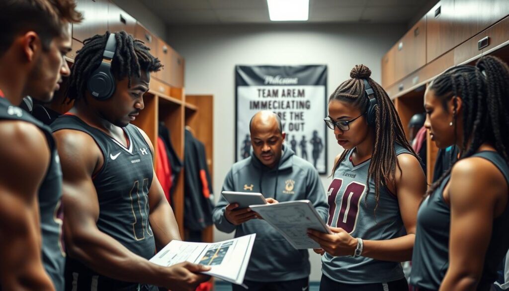A dynamic scene inside a college locker room, highlighting a diverse group of young athletes in professional sports training gear. In the foreground, two male and two female athletes are engaging in an intense discussion while examining a playbook, showcasing determination and teamwork. In the middle ground, a coach reviews player stats on a tablet, signaling areas needing immediate improvement. The background features athletic equipment and a motivational poster emphasizing teamwork and dedication. The lighting is bright and focused, resembling the energy of a bustling training environment, with a slight lens blur to emphasize the action in the foreground. The overall mood conveys urgency and potential, capturing the essence of upcoming contributions in a competitive setting.