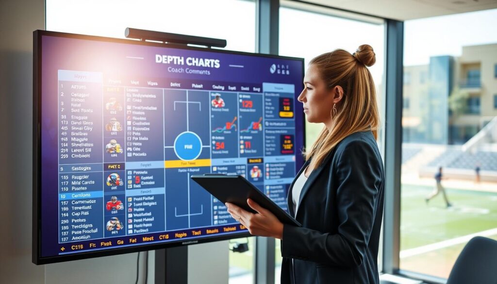 A focused sports analyst in a bright, modern office setting, intently analyzing a depth chart on a large digital screen filled with player statistics and coach comments. The foreground features a professional woman in business attire, holding a tablet, with a notepad nearby. In the middle ground, the digital screen displays colorful graphs and highlights of various player performances. The background includes a window showing a sunny day outside with a football field visible. The lighting is bright and engaging, creating an atmosphere of concentration and determination. The angle is slightly elevated, giving a comprehensive view of the analyst's workspace and the depth chart display. The overall mood is professional, focused, and energetic, emphasizing the analysis of player dynamics and competition.