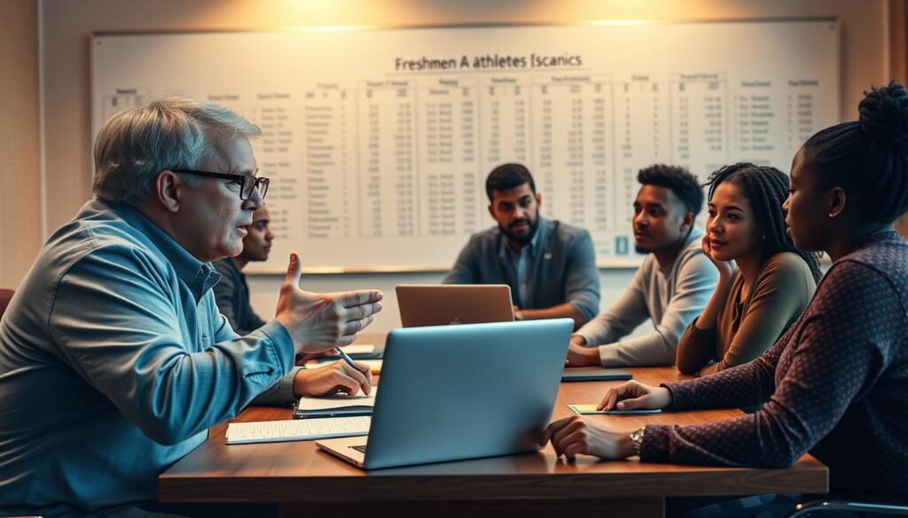 A group of diverse coaches seated around a wooden conference table, deeply engaged in a discussion about freshmen athletes, showcasing their enthusiasm and insights. In the foreground, a middle-aged coach with glasses gestures animatedly, while a young female coach takes notes, displaying a laptop open with statistics visible. In the middle ground, another coach leans forward, sharing his thoughts, emphasizing the anticipation surrounding new talent. The background features a large whiteboard filled with player statistics and game strategies, softly illuminated by warm overhead lighting to create an inviting atmosphere. Capture this scene using a slightly low angle to emphasize the coaches' engagement, with a focus on the expressions of determination and hope on their faces. The mood is one of camaraderie and professional insight, reflecting the excitement of fresh talent entering the sports world.