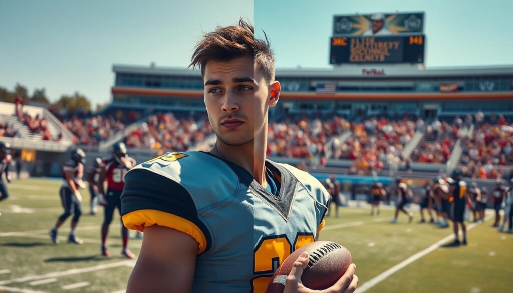 A split scene depicting the transition challenges from junior college football to Division 1 football. In the foreground, a determined player in a college football uniform, looking pensive yet focused, stands with a football in hand. The middle ground features an outdoor training session with diverse athletes working hard on drills, showcasing teamwork and dedication. The background is a bustling college football stadium under bright, midday sun, with cheering fans and a large scoreboard. The mood conveys resilience and ambition, emphasizing the pressure and excitement of the transition. The lighting is bright yet soft, casting warm shadows, while a shallow depth of field enhances the player's expression, drawing the viewer into the struggle of adaptation.