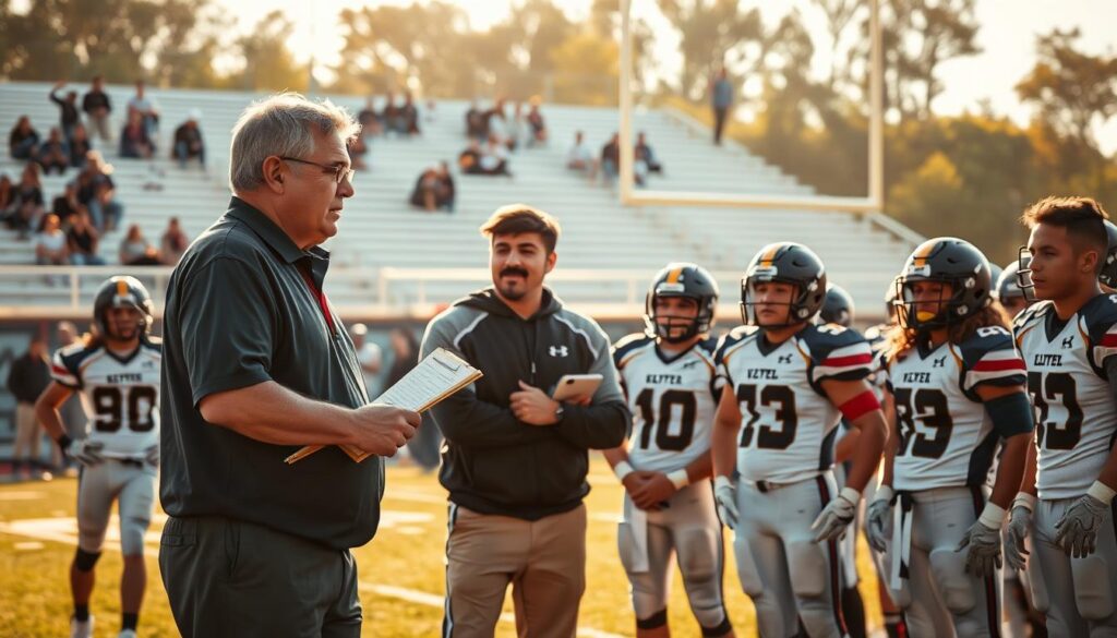 A high school football coach stands confidently on the sidelines, surrounded by a diverse group of enthusiastic student athletes, all wearing team uniforms. The foreground features the coach, a middle-aged man with a clipboard, gesturing animatedly as he discusses strategies with the players. In the middle, the athletes are engaged, showcasing a range of emotions from determination to eagerness, reflecting their strong bond with the coach. The background reveals a sunlit football field with goalposts, bleachers filled with supportive parents. The lighting is warm and inviting, hinting at a late afternoon sun, while the angle captures the intimacy of the coach’s mentorship. The mood is spirited and focused, highlighting the importance of relationships in local recruitment.
