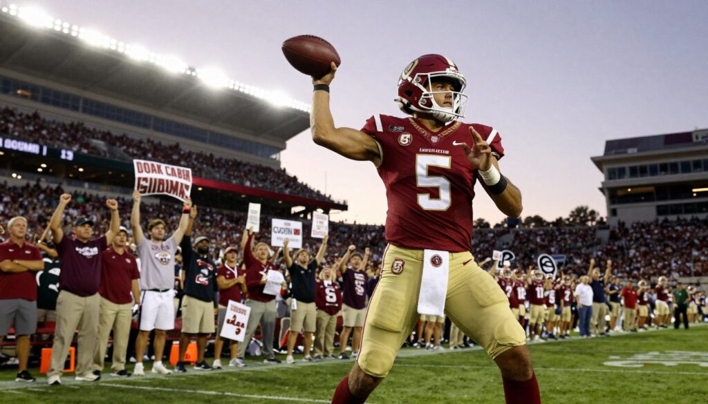 A dynamic scene capturing Jameis Winston during his iconic 2013 Heisman season. In the foreground, depict Winston in a vibrant Seminoles uniform, showcasing a determined expression as he prepares to execute a strong throw. Include detailed elements like the number '5' on his jersey and his helmet with the Seminoles logo. In the middle, visualize a cheering crowd at Doak Campbell Stadium, with fans holding up signs and banners celebrating his achievements. The background should feature the iconic stadium lit up under the evening sky, with a sunset casting warm hues across the scene. Use a wide-angle perspective to enhance the action, with vibrant colors and sharp focus, emphasizing the excitement and electric atmosphere of a college football game.