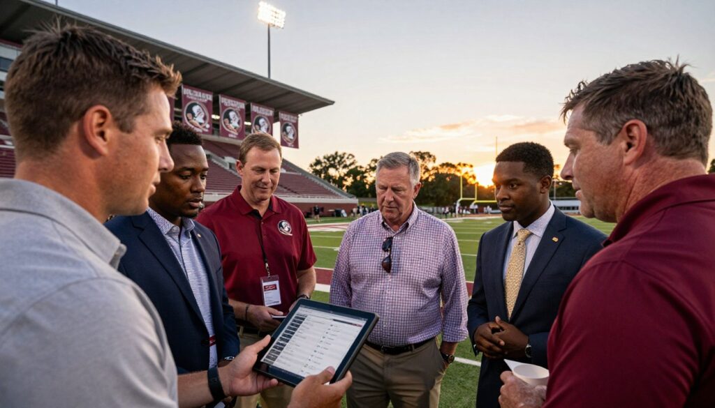 A dynamic scene illustrating the essence of Florida State football recruiting and player development. In the foreground, a diverse group of passionate coaches and scouts, dressed in smart business attire, engage in a lively discussion while examining a digital tablet displaying player statistics. The middle ground captures a modern football facility with vibrant team colors, showcasing banners of past recruits and successes, symbolizing tradition and excellence. In the background, a vibrant Florida sunset casts a warm glow over the college campus, reflecting the optimism and energy of future generations. Soft lighting highlights the faces of the individuals, emphasizing their dedication and commitment. The atmosphere is one of determination, teamwork, and legacy, encapsulating the cultural impact Bobby Bowden’s philosophy had on the program.