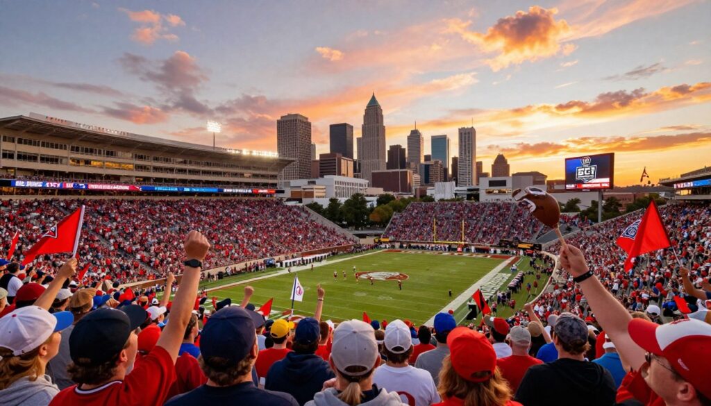 A vibrant landscape scene capturing the essence of the BCS CFP National Championship. In the foreground, a cheering crowd in vibrant team colors, waving flags and wearing caps, filled with excitement. The middle ground features a beautifully maintained football stadium adorned with banners celebrating past victories, illuminated by golden sunset lighting that casts a warm glow. In the background, the iconic skyline of a city known for hosting championship games, with soft clouds painted orange and pink reflecting the sunset. The atmosphere is electric and triumphant, evoking the glory of collegiate football and unifying passion. The scene is captured from a slightly elevated angle, giving a sweeping view of the encompassing celebration without any text or signatures.