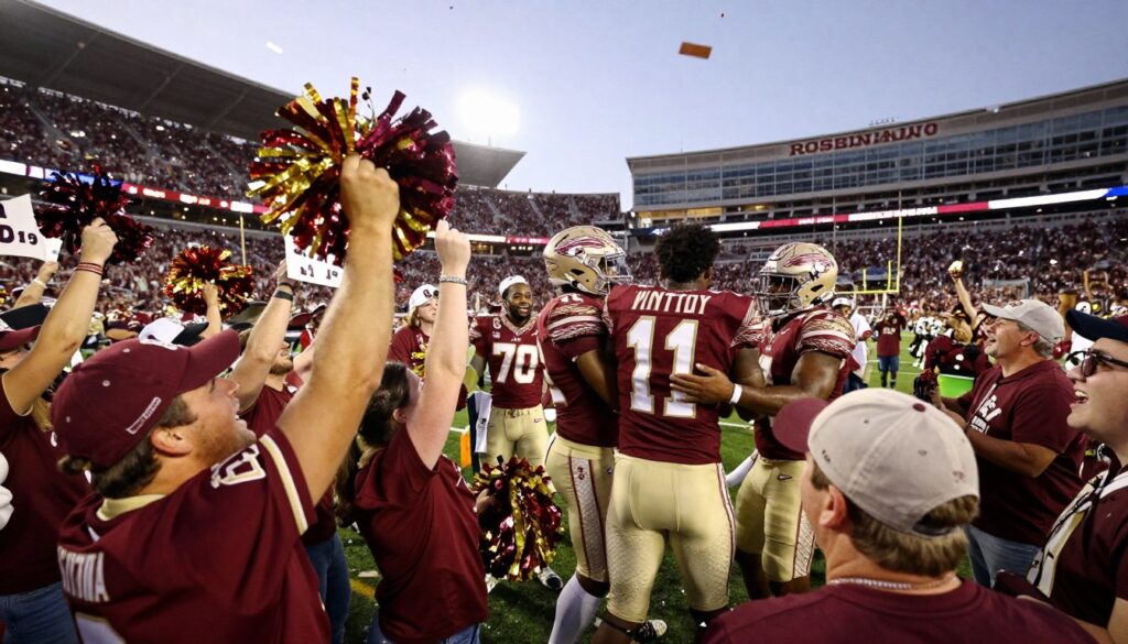 A vibrant scene capturing the jubilant celebration of the Florida State Seminoles' 2013 National Championship victory. In the foreground, passionate fans in garnet and gold, wearing jerseys and caps, cheer exuberantly, some holding signs and pom-poms, expressing their joy. The middle ground features players, including Jameis Winston in his uniform, celebrating with teammates, smiling and embracing, showcasing their triumph. In the background, the iconic Rose Bowl stadium is illuminated with bright lights, filled with cheering fans. The atmosphere is electric, filled with confetti falling from the sky, adding to the festive mood. The image is shot from a slightly elevated angle, using a wide lens to capture the expansive scene brimming with energy and excitement. The lighting is warm and vibrant, enhancing the celebratory tone of this unforgettable moment in sports history.