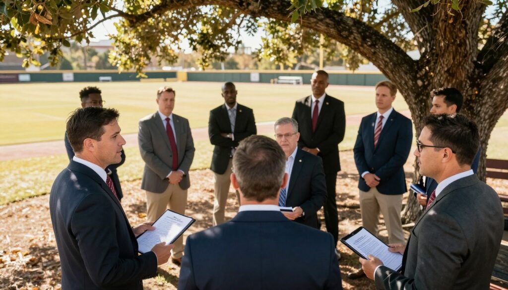 A visual representation of Florida State assistant coaches coaching tree, showcasing a diverse group of coaches in professional business attire gathered under a large, leafy tree that signifies growth and mentorship. The foreground features three coaches engaged in animated discussion, with playbooks and tablets in hand. The middle ground displays additional coaches observing and taking notes, capturing the spirit of collaboration. In the background, a sunlit sports field subtly evokes the atmosphere of dedication and hard work. The scene is bathed in warm, golden light, creating an uplifting and inspirational mood. Use a slightly elevated angle to capture the interaction clearly, emphasizing the depth of knowledge being shared.