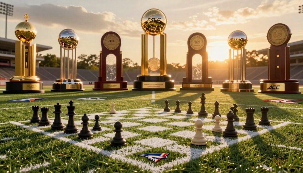 A dynamic illustration representing the strategic evolution of ACC play. In the foreground, a stylized football field carved into the shape of a chessboard, symbolizing the strategic maneuvering in the game. Midground features iconic ACC team logos subtly integrated into the grass. In the background, a collage of historic ACC championship trophies glistening under a warm golden sunset, embodying past glories. The lighting should be dramatic, highlighting the contrast between the vibrant field and the shadowy contours of the trophies. The scene conveys a sense of progression and honor, capturing the essence of competition and strategy in conference play. Utilize a low-angle view to emphasize the grandeur of the scene, inspiring a mood of ambition and victory. A dynamic illustration representing the strategic evolution of ACC play. In the foreground, a stylized football field carved into the shape of a chessboard, symbolizing the strategic maneuvering in the game. Midground features iconic ACC team logos subtly integrated into the grass. In the background, a collage of historic ACC championship trophies glistening under a warm golden sunset, embodying past glories. The lighting should be dramatic, highlighting the contrast between the vibrant field and the shadowy contours of the trophies. The scene conveys a sense of progression and honor, capturing the essence of competition and strategy in conference play. Utilize a low-angle view to emphasize the grandeur of the scene, inspiring a mood of ambition and victory.