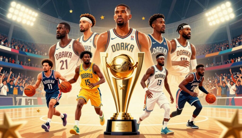 A vibrant, dynamic illustration depicting a collage of ACC MVP records. In the foreground, showcase a stylized trophy with intricate details, symbolizing the prestigious accolades. Surround the trophy with golden stars and silhouettes of notable players in professional sports attire, emphasizing their accomplishments. In the middle ground, include action shots of athletes in motion, representing both offensive and defensive highlights, with a subtle blur effect to convey speed. The background features a grand stadium filled with cheering fans under bright, focused floodlights, creating an energetic atmosphere. Use a warm color palette to evoke excitement and pride, incorporating soft shadows for depth. Capture the essence of competition and triumph within this celebrated conference. A vibrant, dynamic illustration depicting a collage of ACC MVP records. In the foreground, showcase a stylized trophy with intricate details, symbolizing the prestigious accolades. Surround the trophy with golden stars and silhouettes of notable players in professional sports attire, emphasizing their accomplishments. In the middle ground, include action shots of athletes in motion, representing both offensive and defensive highlights, with a subtle blur effect to convey speed. The background features a grand stadium filled with cheering fans under bright, focused floodlights, creating an energetic atmosphere. Use a warm color palette to evoke excitement and pride, incorporating soft shadows for depth. Capture the essence of competition and triumph within this celebrated conference.