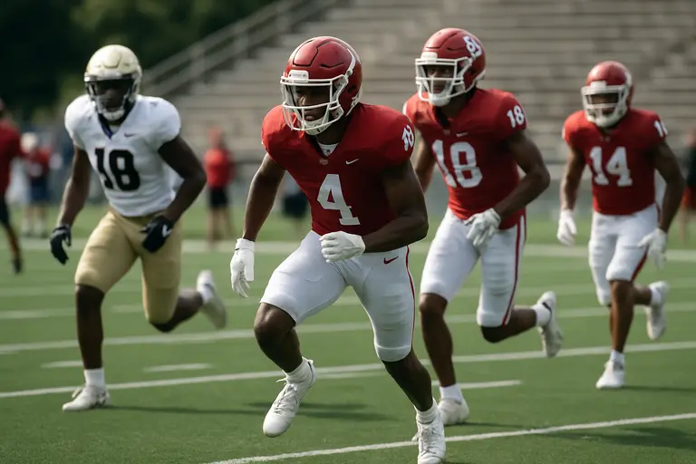 Wide receivers run routes during a college football practice session