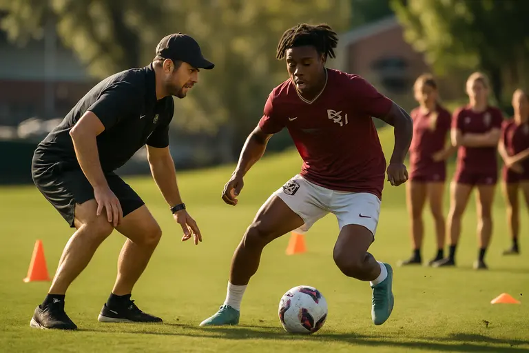 A midfielder carries the ball forward while teammates make runs ahead