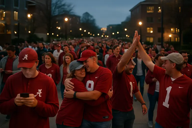 Cars leave a stadium area under evening lights after a college football game