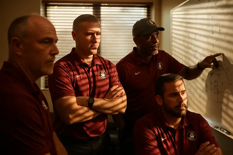 College athletes and coaches gathered during a sideline discussion