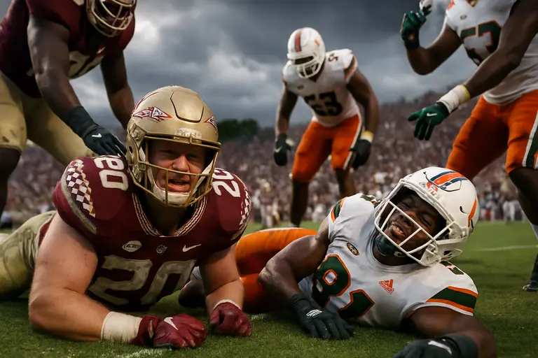 College football players set at the line of scrimmage before a rivalry snap
