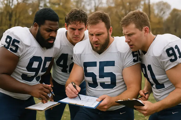Defensive linemen practice hand placement and gap control on a football field