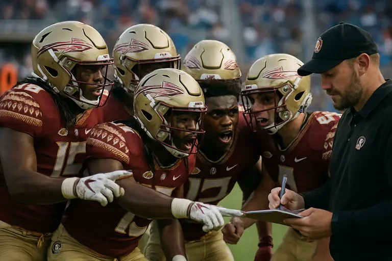Florida State defenders setting at the line before a road snap