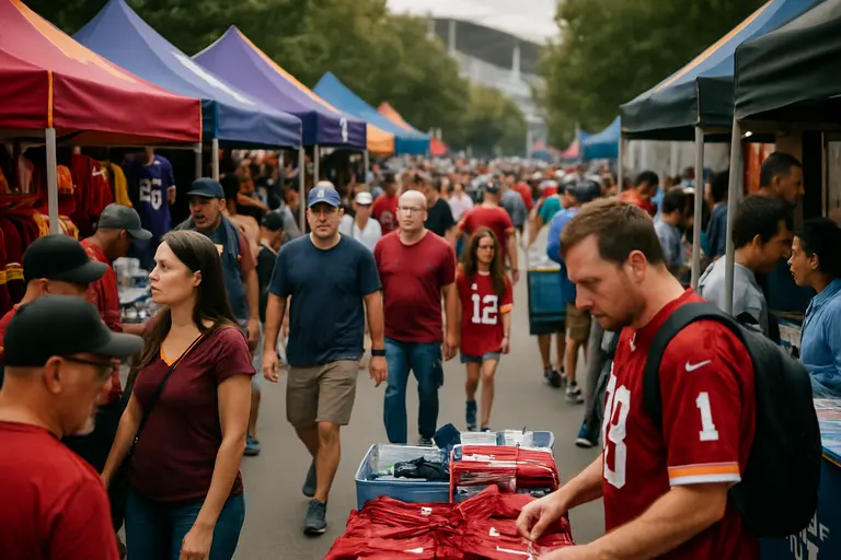 Game-day staff guide supporters through activity stations outside a stadium