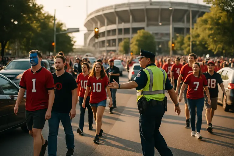 Game-day traffic moving past campus streets near a college football stadium