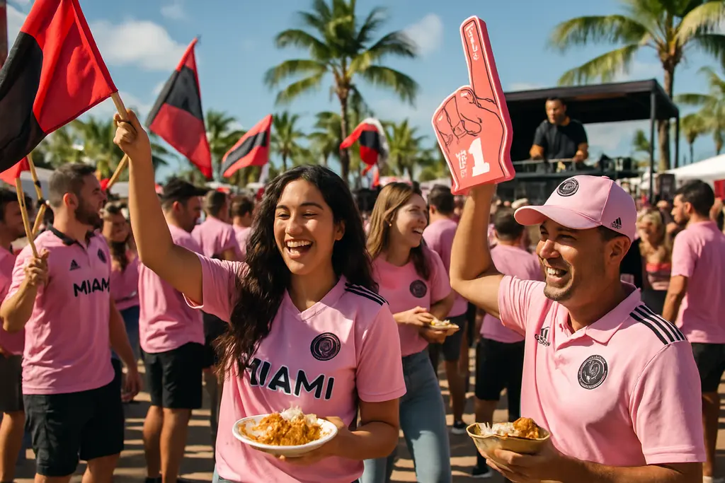 Miami Fan Engagement scene with families playing soccer games near a stadium before kickoff