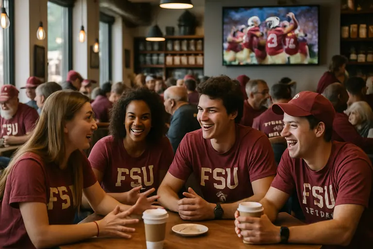 Visitors crossing a Tallahassee street near campus before a football game